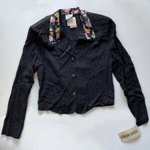 Vtg 1980’s NWT David Wayne Button-up Crop Shirt Floral Collar Shoulder Pad Sz M